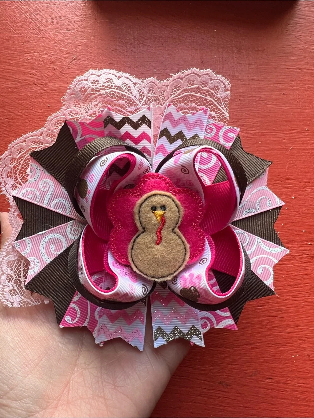 Handmade Pink & Brown Turkey Bow Hair Clip for Girls